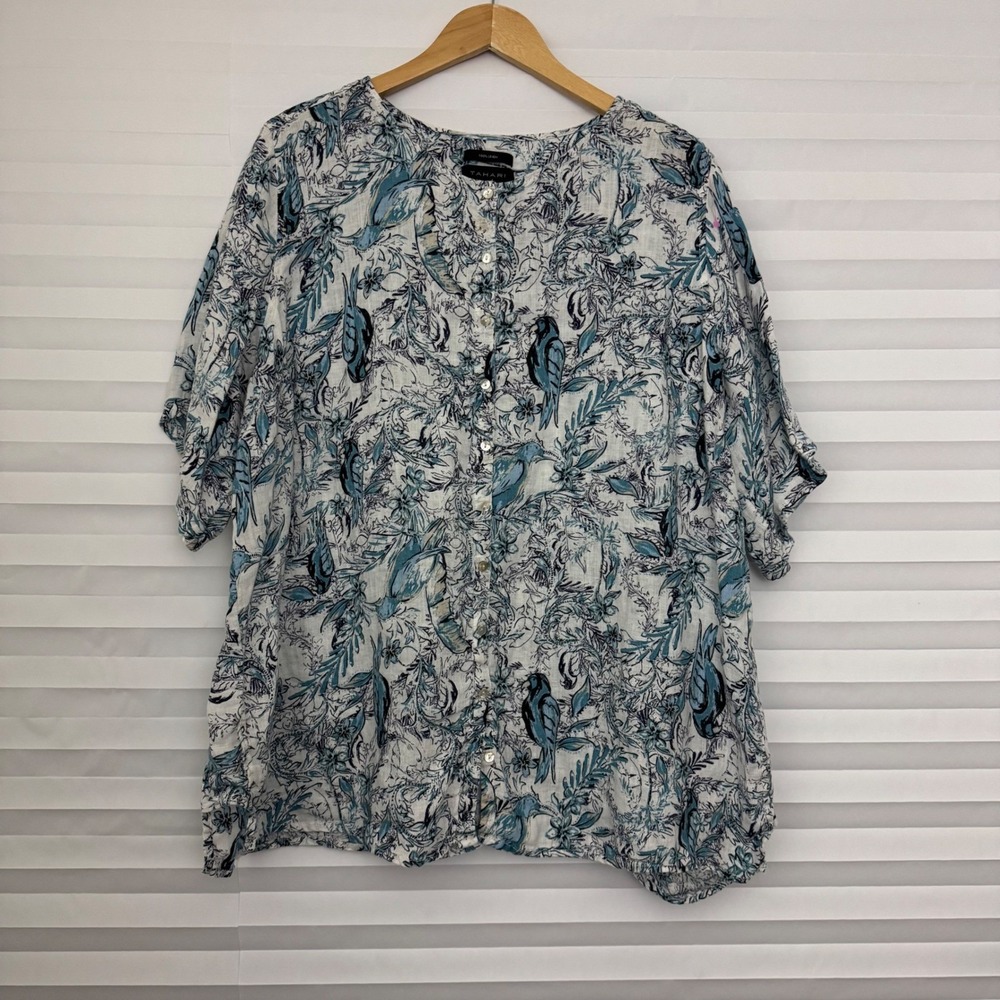 Tahari Womens 3X Linen Button Down Shirt‎ Blue White Bird Floral Print Top